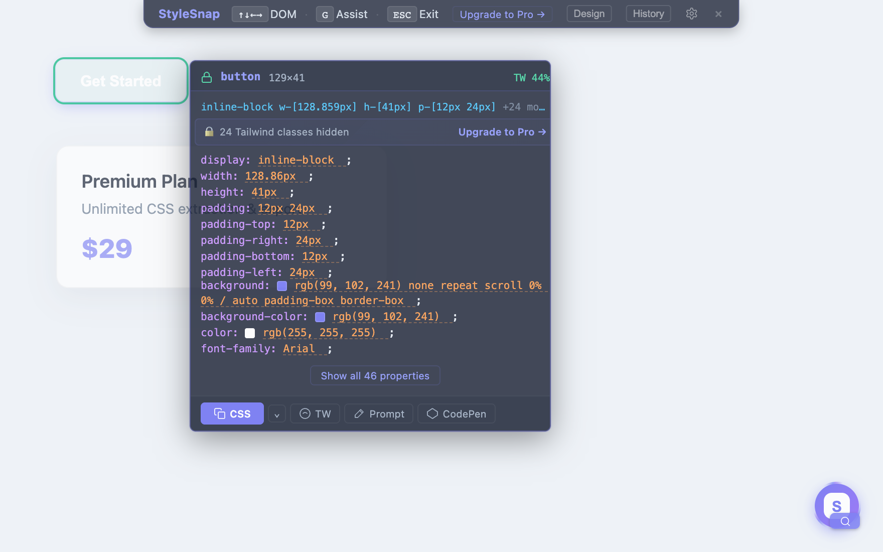 Hover any element → instant CSS panel